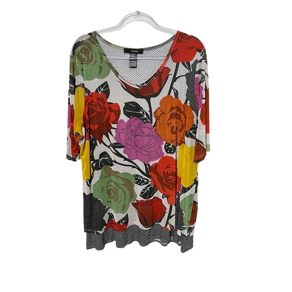 Ali Miles Floral Mesh Tunic Womens 2X Multi Color Rose Print 3/4 Sleeve Top
